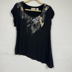 Miss Me Black Asymmetrical Tee Shirt Womens S Y2K Gold & Silver Sequin Leaf